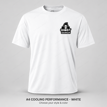 Ghost Ghost Georgia Logo — Left Chest — smaller left-chest logo — White — shirt logo reduced 8%