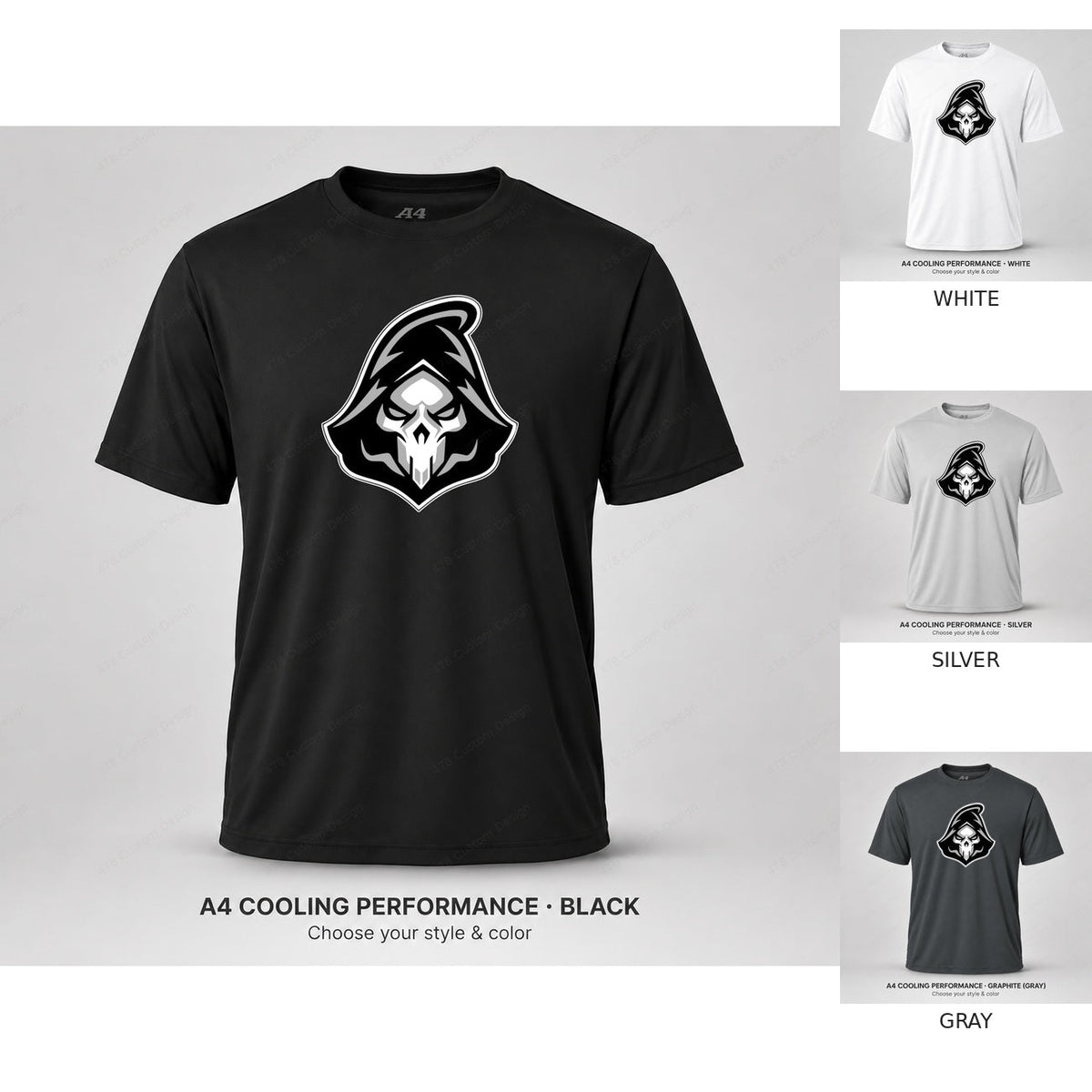 Ghost Baseball Head Logo — full shirt with all four color previews — shirt logo reduced 8%