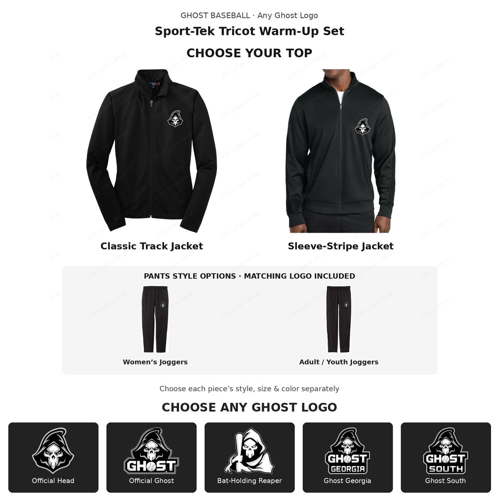 Ghost Baseball — Tricot Warm-Up Sets — choose any of five Ghost logos