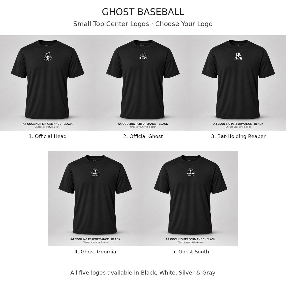 Ghost Baseball — Small Top Center Logo — Choose Your Logo — five logo choices