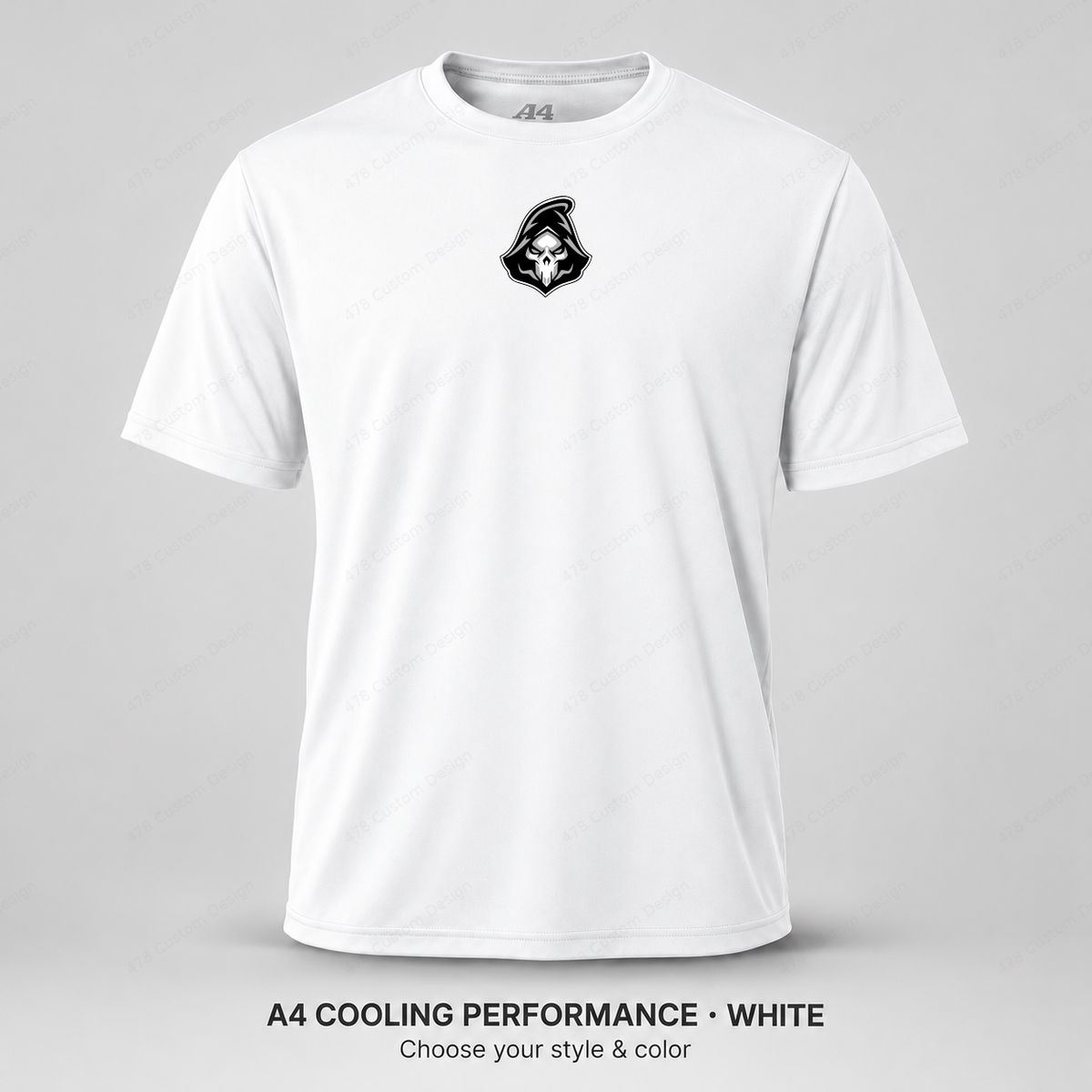 Ghost Baseball Head Logo — Small Upper Center — White — shirt logo reduced 8%
