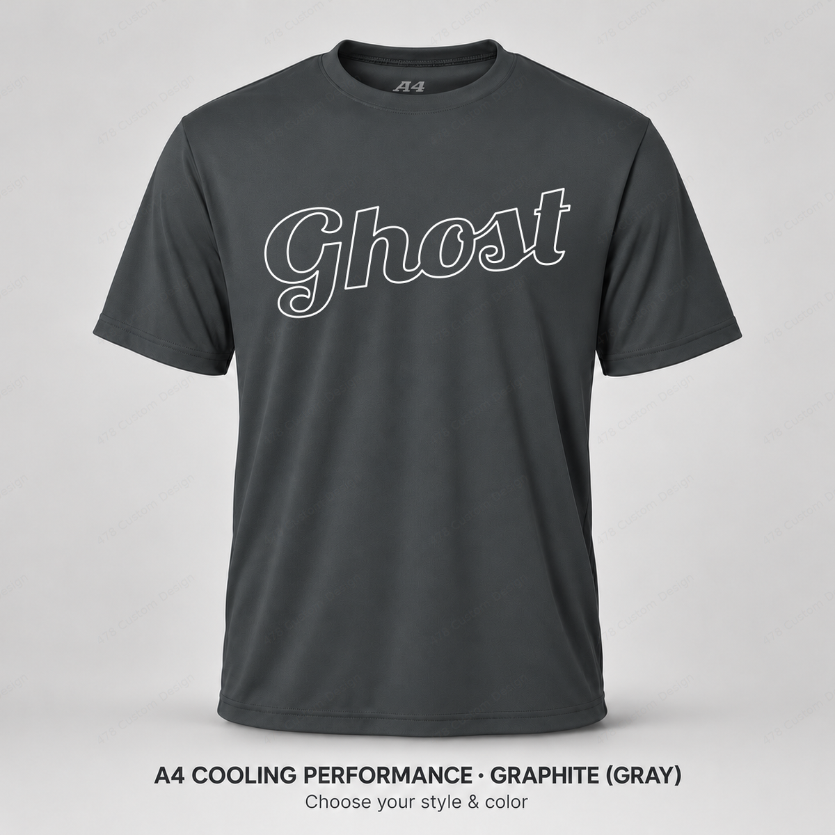 Ghost hollow script, slight upward slant — Gray