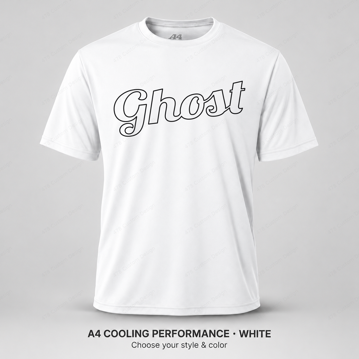 Ghost hollow script, slight upward slant — White