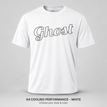 Ghost hollow script, slight upward slant — White