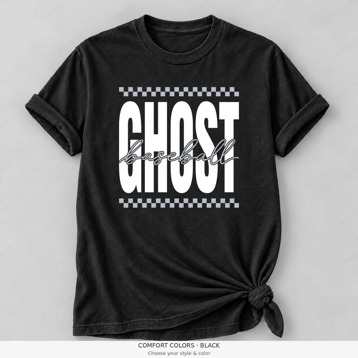 Ghost Baseball — Original Checker & Fine Script — Comfort Colors girly mockup — Black