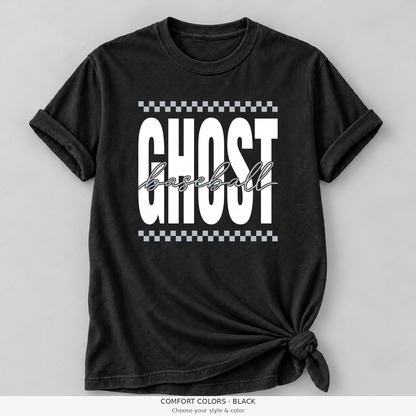 Ghost Baseball — Original Checker & Fine Script — Comfort Colors girly mockup — Black