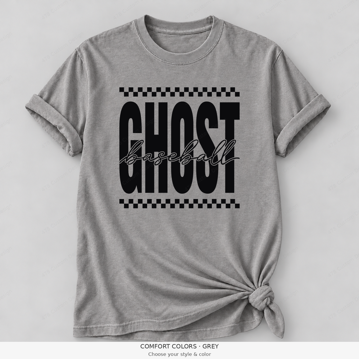 Ghost Baseball — Original Checker & Fine Script — Comfort Colors girly mockup — Grey