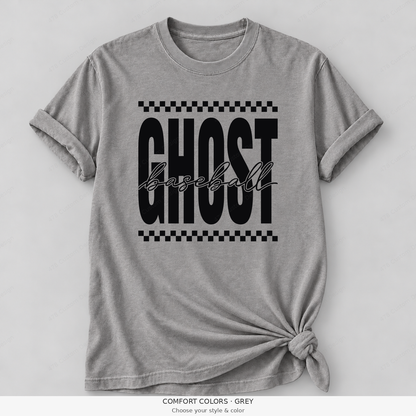 Ghost Baseball — Original Checker & Fine Script — Comfort Colors girly mockup — Grey