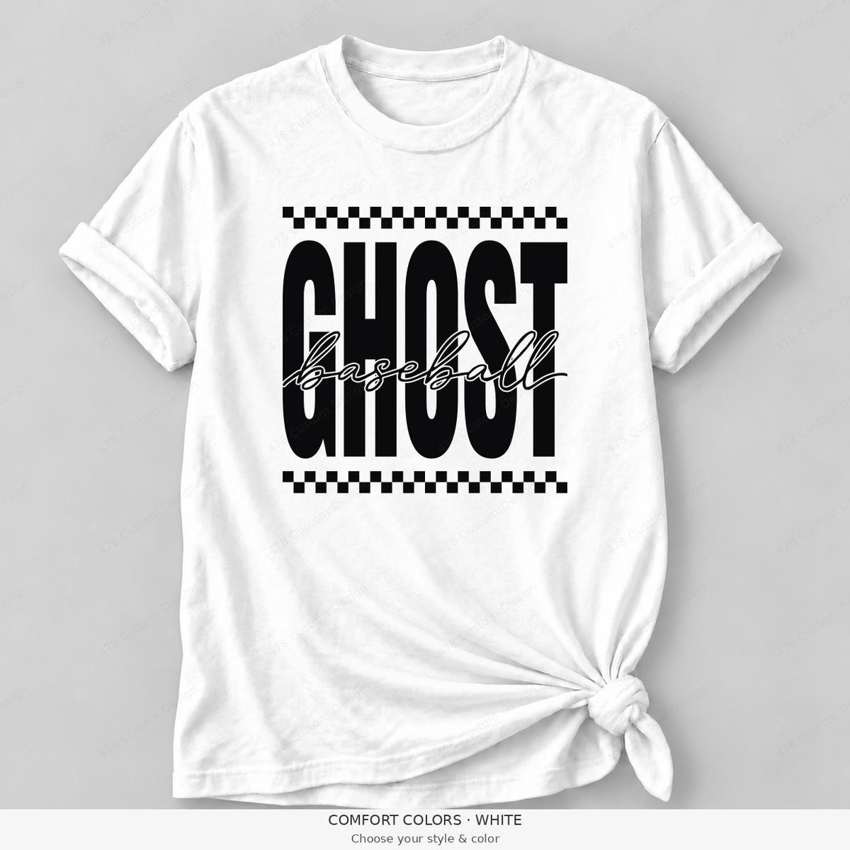 Ghost Baseball — Original Checker & Fine Script — Comfort Colors girly mockup — White