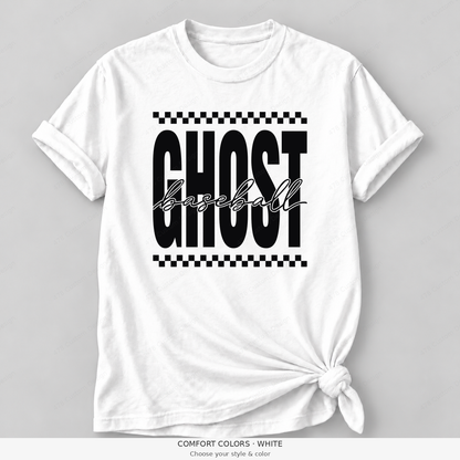Ghost Baseball — Original Checker & Fine Script — Comfort Colors girly mockup — White