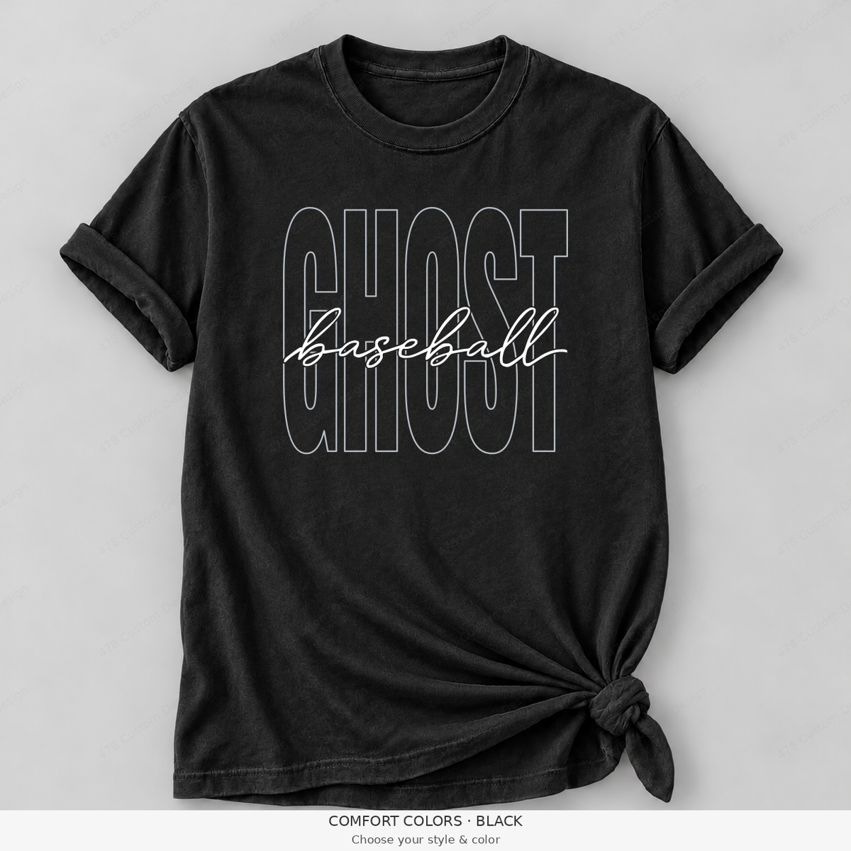 Ghost Baseball — Original Tall Outline & Fine Script — Comfort Colors girly mockup — Black