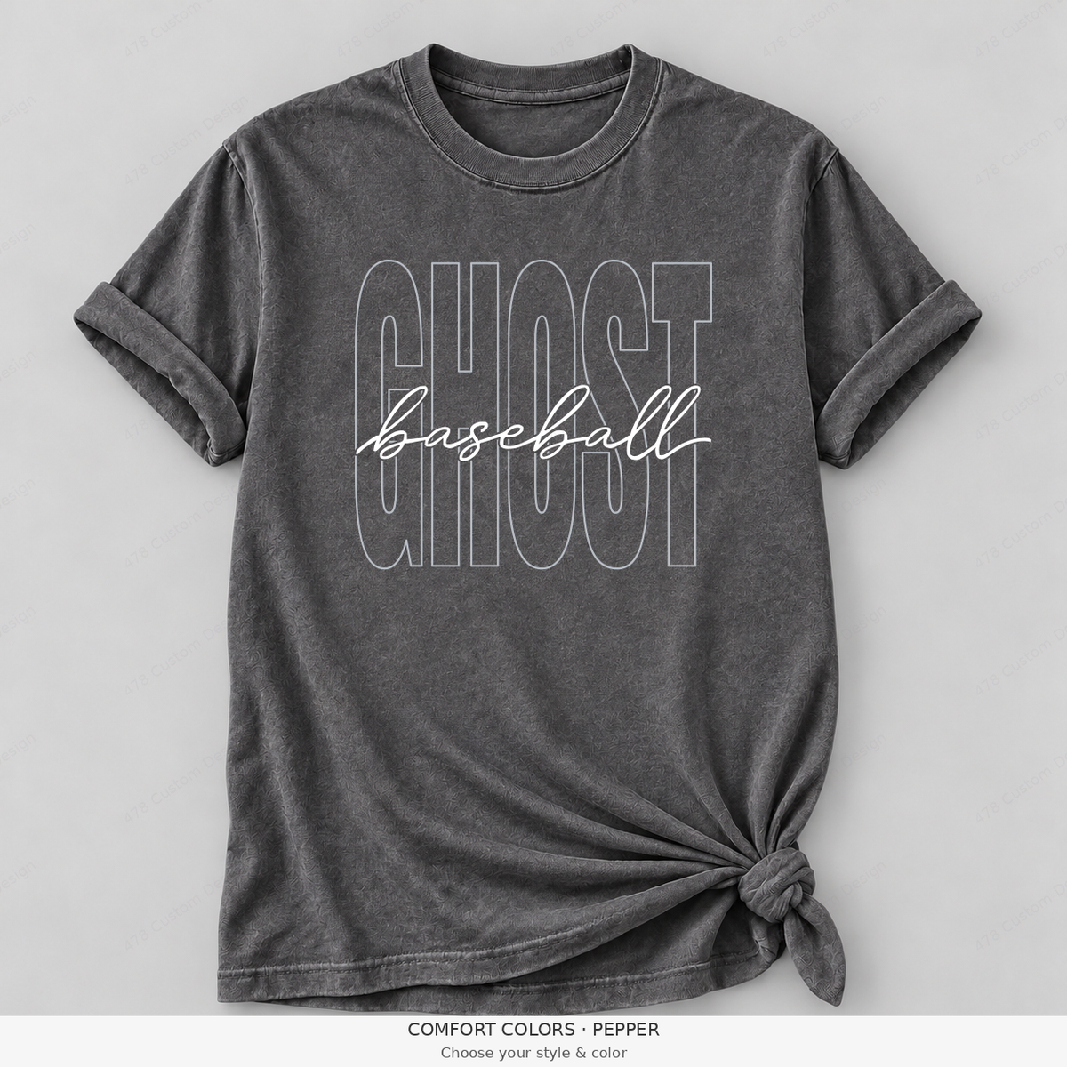 Ghost Baseball — Original Tall Outline & Fine Script — Comfort Colors girly mockup — Pepper