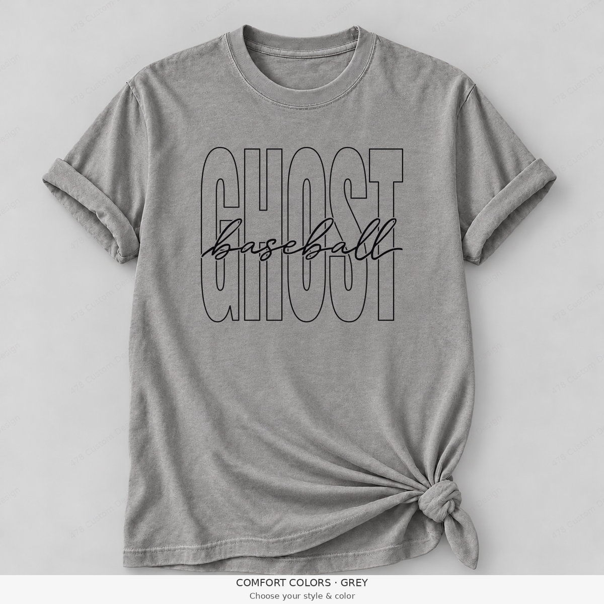 Ghost Baseball — Original Tall Outline & Fine Script — Comfort Colors girly mockup — Grey