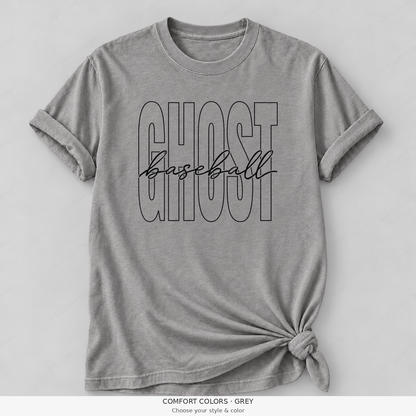 Ghost Baseball — Original Tall Outline & Fine Script — Comfort Colors girly mockup — Grey