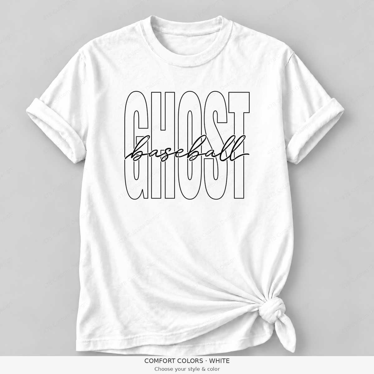 Ghost Baseball — Original Tall Outline & Fine Script — Comfort Colors girly mockup — White