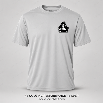 Ghost Ghost South Logo — Left Chest — smaller left-chest logo — Silver — shirt logo reduced 8%