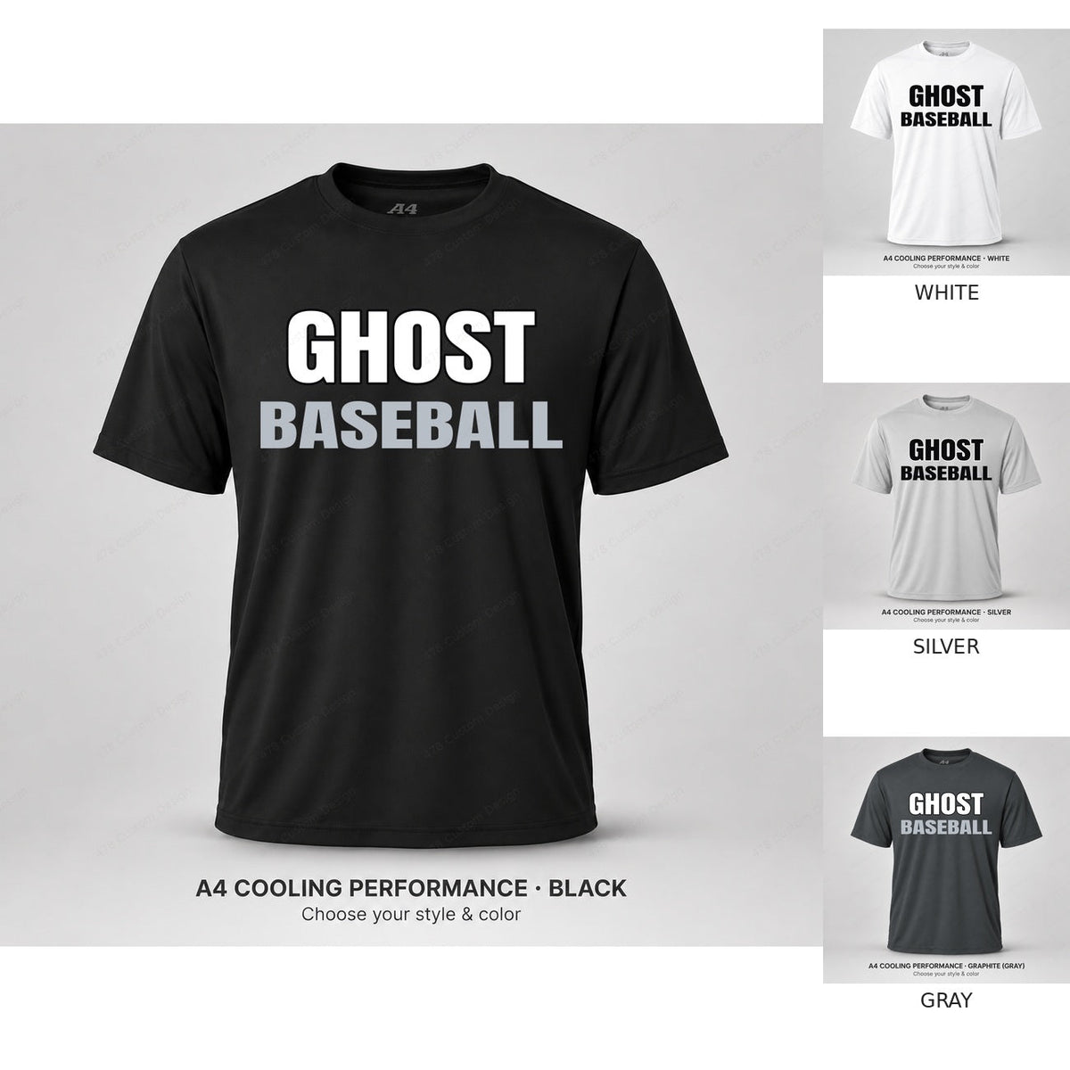 Ghost Baseball Stacked Athletic — full shirt with all four color previews
