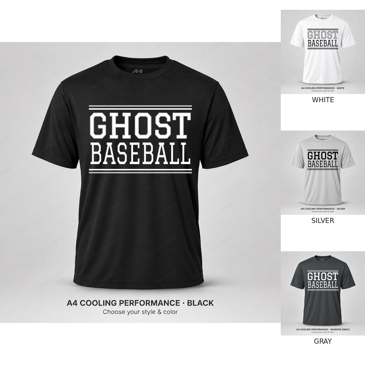 Ghost Baseball Varsity Stripes — all colors cover; white shirt with gray GHOST and black outline