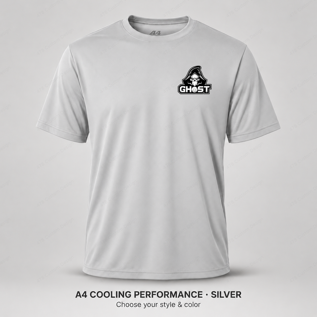 Ghost Ghost Logo — Left Chest — smaller left-chest logo — Silver — shirt logo reduced 8%