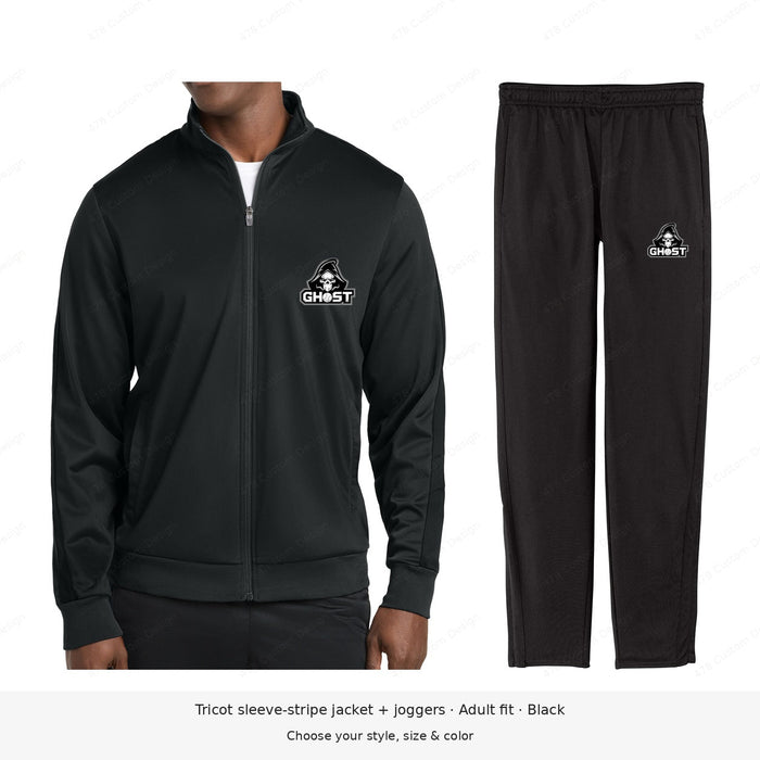 Ghost Baseball — Ghost Logo — Sport-Tek Tricot Warm-Up Set — example 2; pant logo at lower outer left thigh