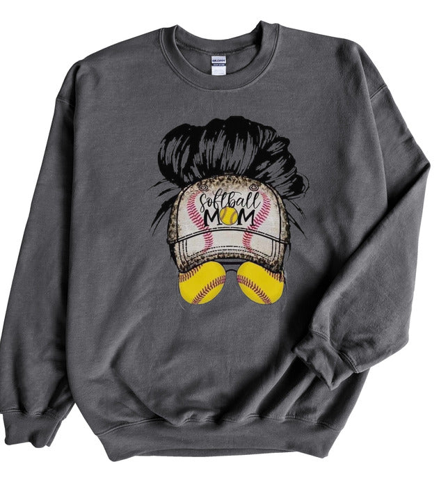 Softball Messy Bun Crewneck and Hoodie