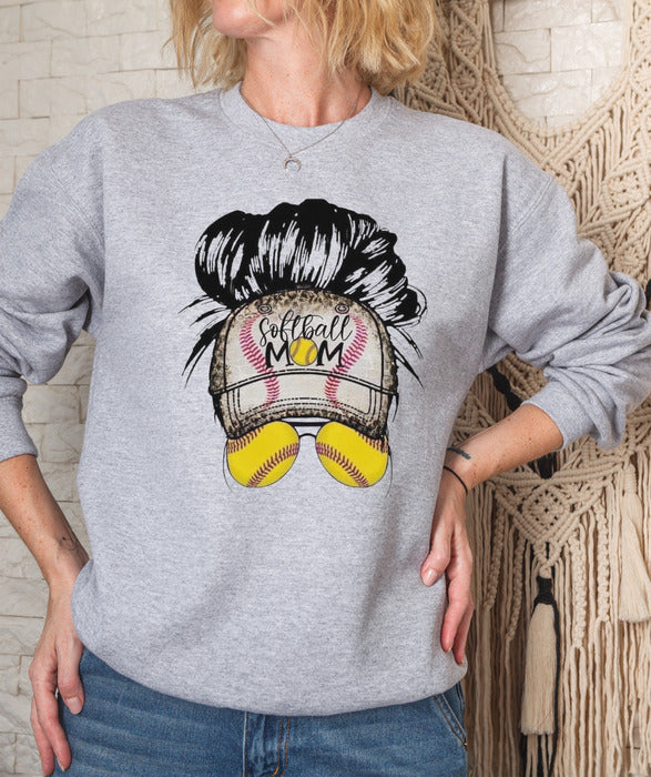 Softball Messy Bun Crewneck and Hoodie