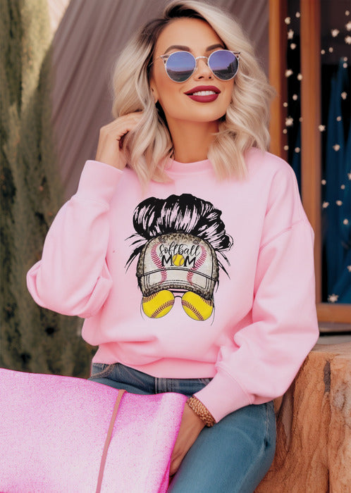 Softball Messy Bun Crewneck and Hoodie