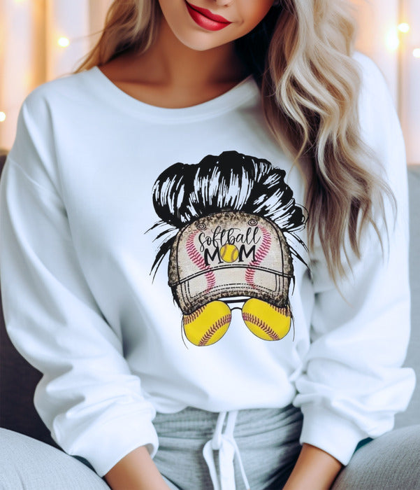 Softball Messy Bun Crewneck and Hoodie