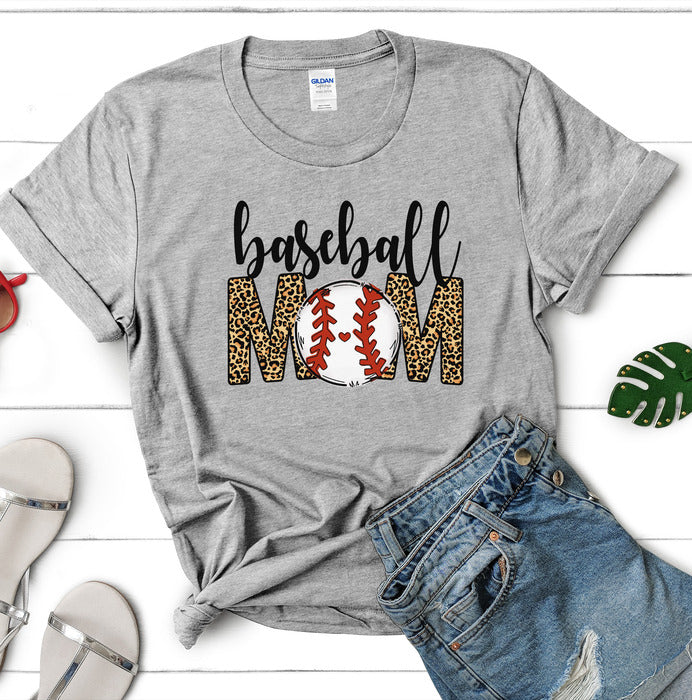 Baseball Mom Leopard Short and Long Sleeve T-Shirt