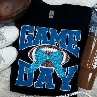 Game Day Football Sequin and Chenille Patch Top- Light Blue