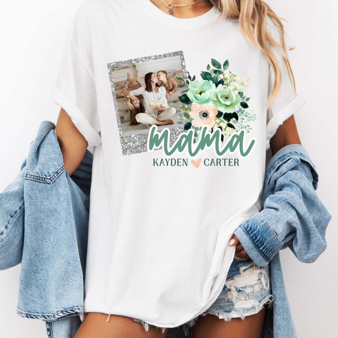 Custom Floral Faux Glitter Greens Mothers Day Top — design example 1
