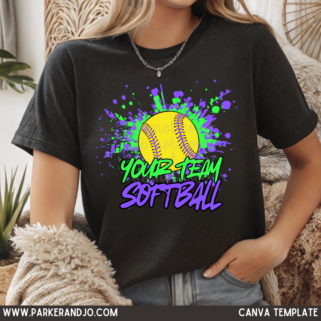 Custom Neon Painted Splatter Softball Top mockup showing the pictured apparel design.