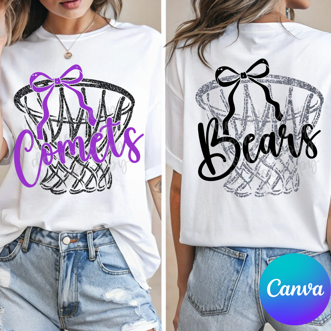 Custom Faux Glitter Basketball Net Bow Team Top — design example 1