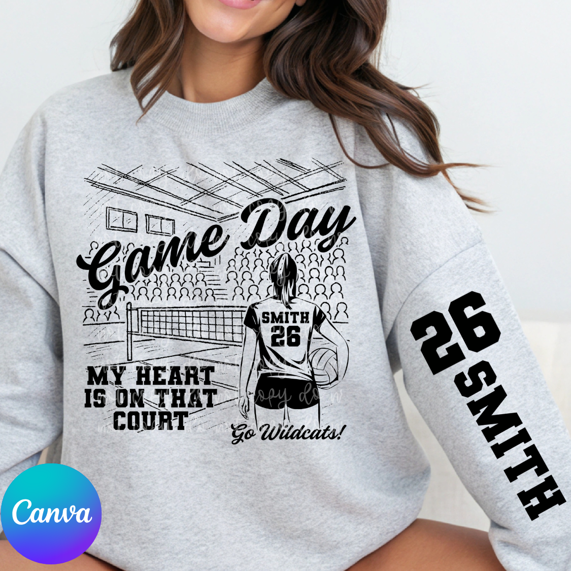Custom Game Day Volleyball Bleachers Top mockup showing the chest design and sleeve lettering.