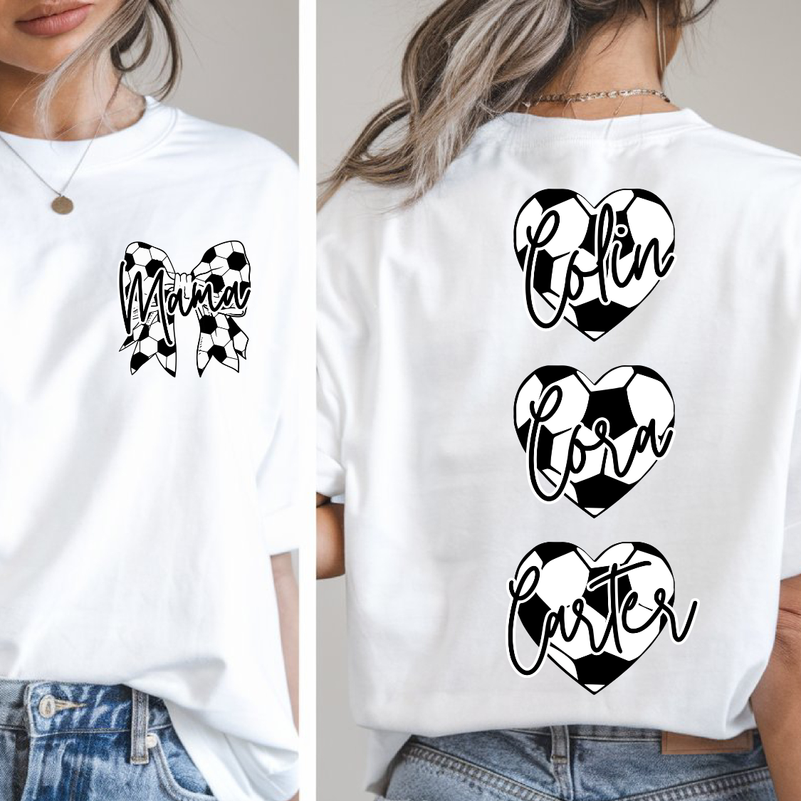 Custom Soccer Mama Bow Hearts Top mockup showing the front and back design.