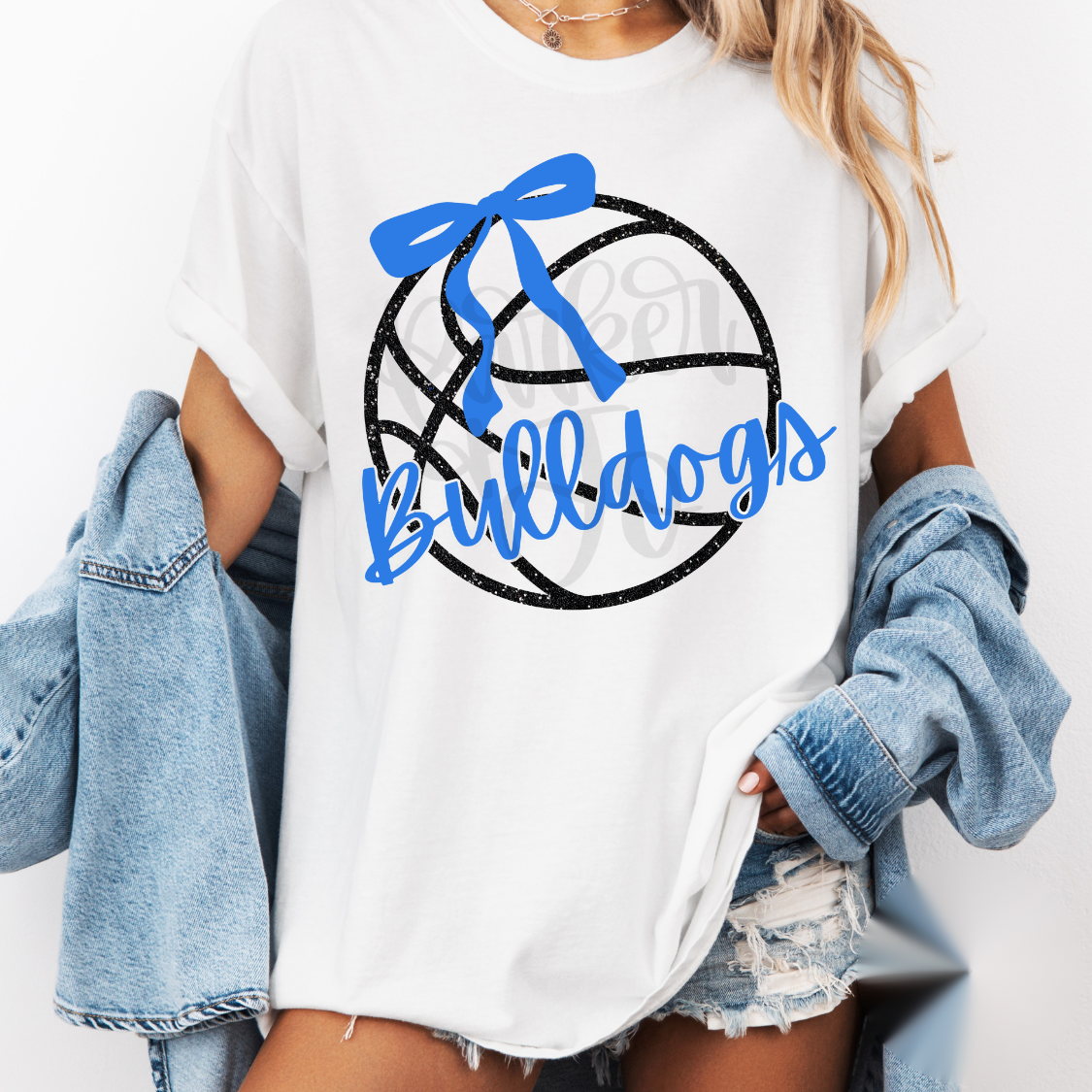 Custom Faux Glitter Basketball Bow Team Top — design example 1