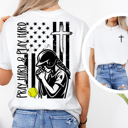 Custom Pray Hard And Play Hard Softball Top mockup showing the front and back design.
