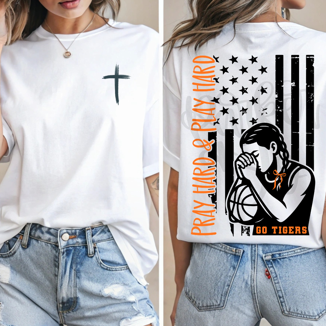 Custom Pray Hard And Play Hard Girls Basketball Top mockup showing the front and back design.
