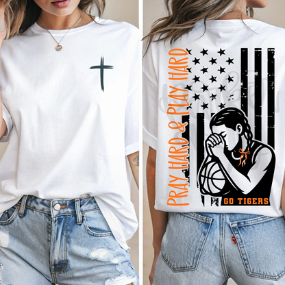 Custom Pray Hard And Play Hard Girls Basketball Top mockup showing the front and back design.
