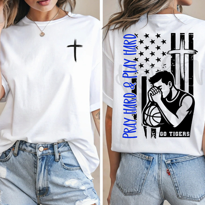 Custom Pray Hard And Play Hard Boys Basketball Top mockup showing the front and back design.