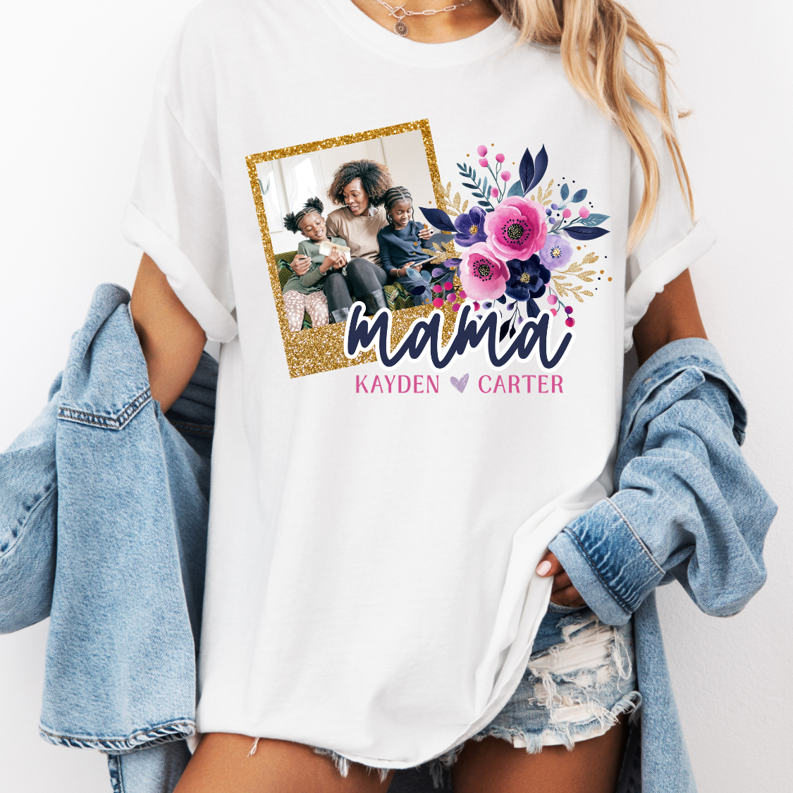 Custom Floral Faux Glitter Pink Purple Mothers Day Top — design example 1