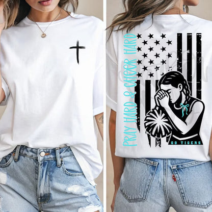 Custom Pray Hard And Play Hard Cheer Top — design example 1