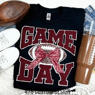 Game Day Football Sequin and Chenille Patch Top-Maroon