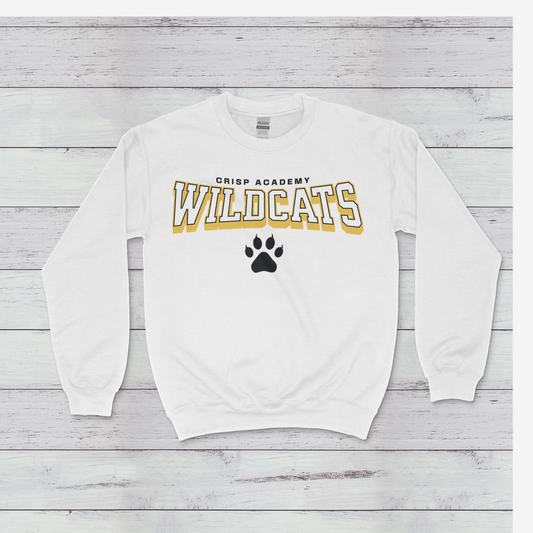 Crisp Academy Baseball Paw Print Lettering design on a crewneck sweatshirt.