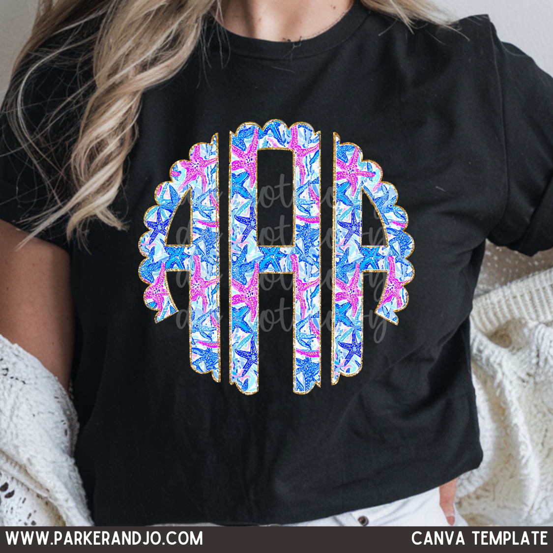 Custom Tropical Starfish Scalloped Monogram Top — design example 1