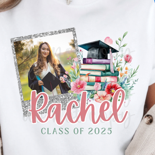 Custom Floral Faux Glitter Graduation Top — design example 1