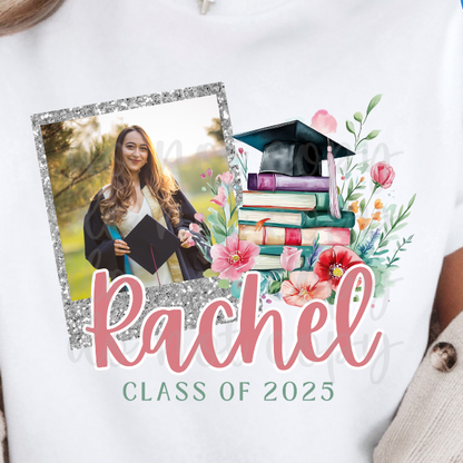 Custom Floral Faux Glitter Graduation Top — design example 1