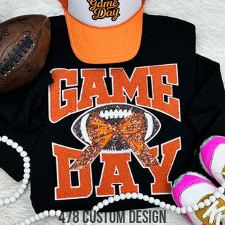 Game Day Football Sequin and Chenille Patch Top-Orange