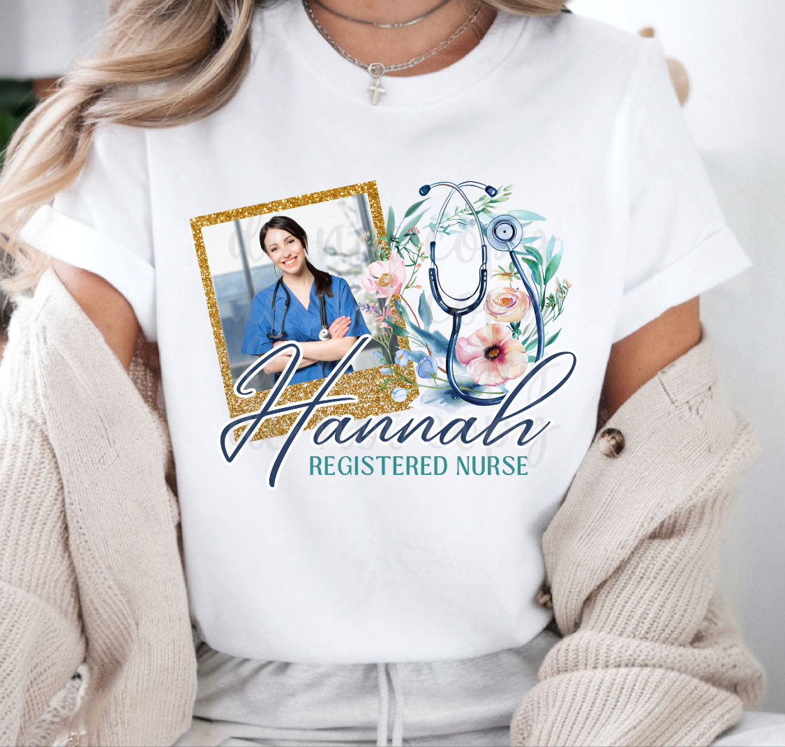 Custom Floral Faux Glitter Stethoscope Nursing Top — design example 1