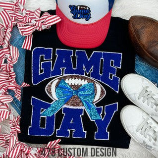 Game Day Football Sequin and Chenille Patch Top-Royal with white backing